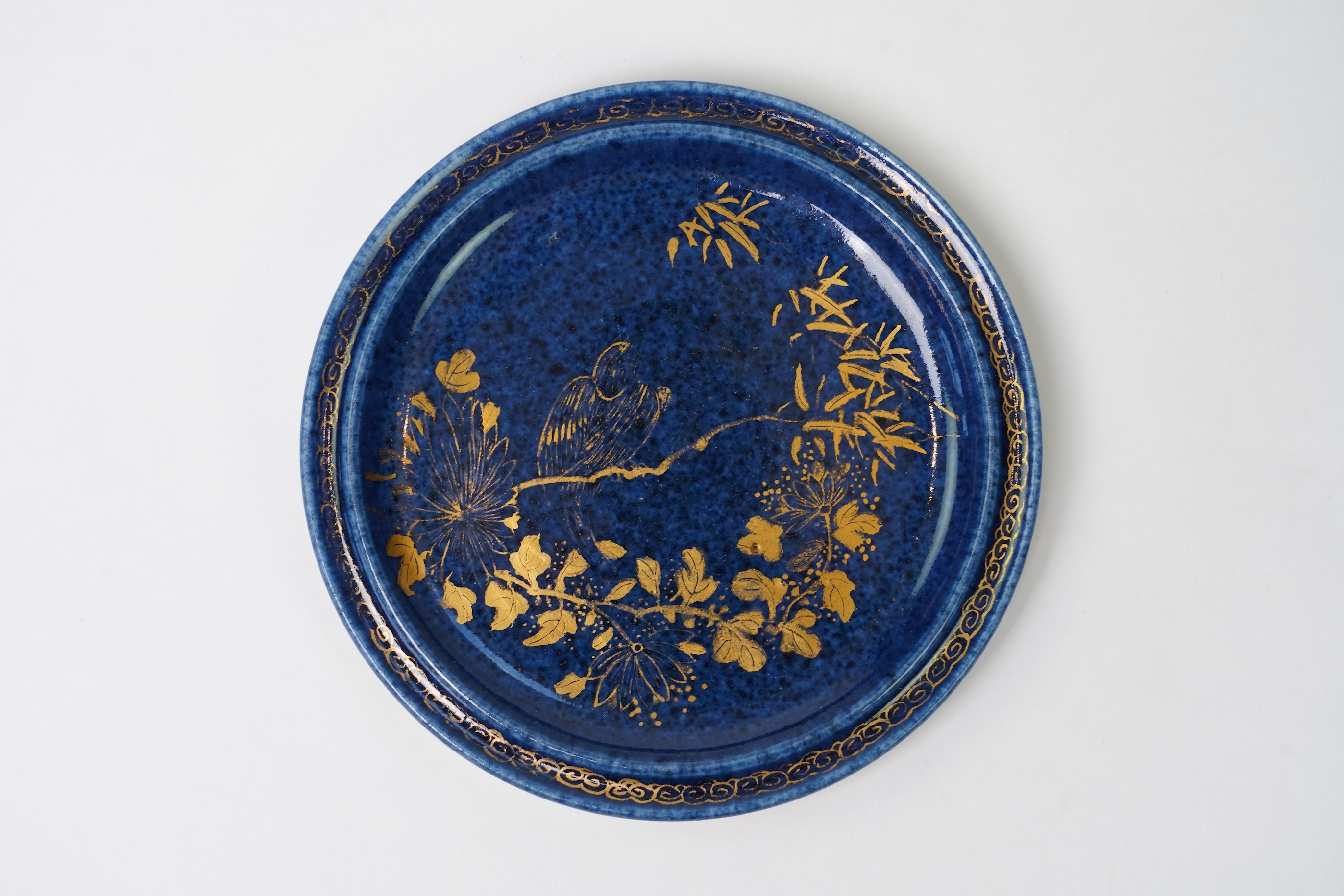 A Chinese gilt-decorated powder blue ‘fighting cricket’ box and cover, Xuande six character mark but later